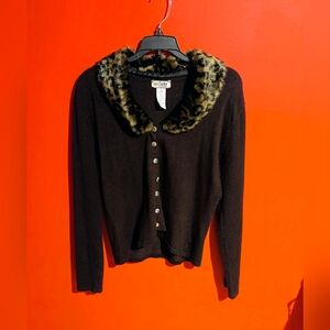 Dark Brown Cardigan with Faux Animal Print Collar